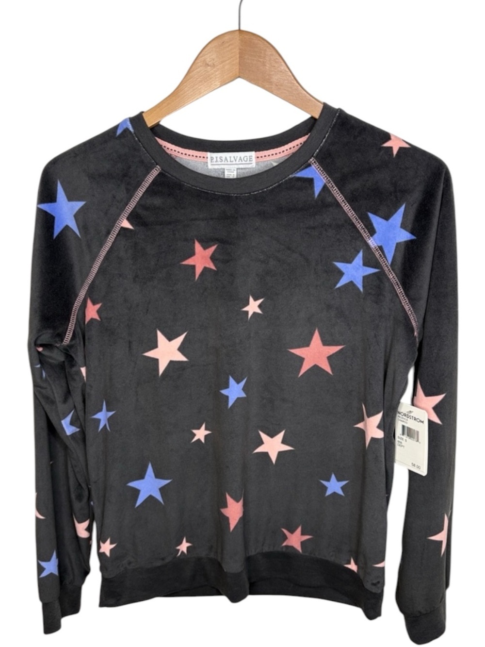 New P.J. Salvage Charcoal Stars Long Sleeve Fleece Pajama Top Women Size S